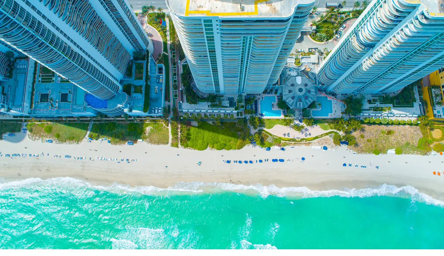 Aerial view of beachfront condos in Miami