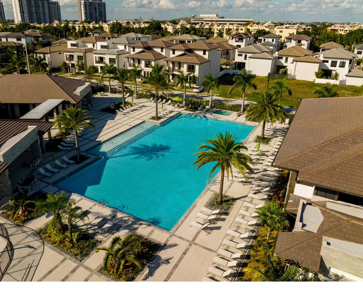 Aerial view of a Miami community with a resort-style pool