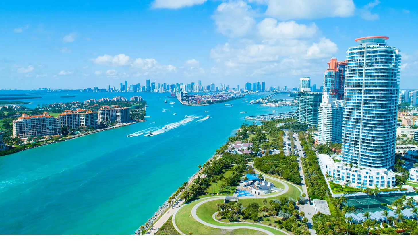 Aerial view of Miami's coastline, parks and skyline
